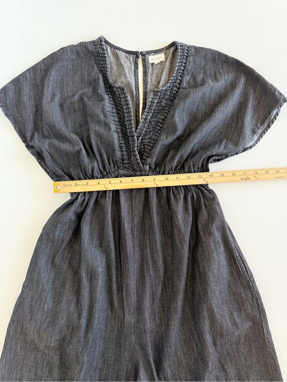 World Market Charcoal Chambray Wide Leg Jumpsuit S/M Deep V Boho Cotton - Picture 6 of 12
